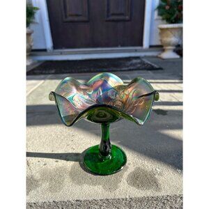 Vintage Fenton Green Carnival Glass Compote Dish.